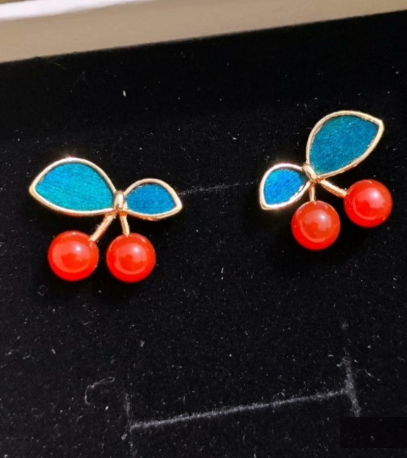 Lena Cherry Glow Feather Stud Earrings – Handcrafted by Cici Dream