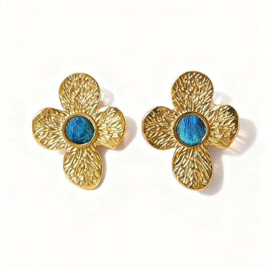 Isla Clover Four-Petal Peacock Feather Earrings from Cici Dream on a white background