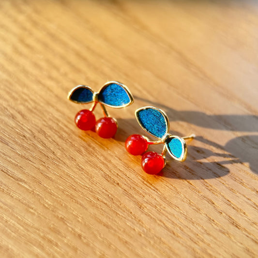Lena Cherry Glow Feather Earrings – Handcrafted by Cici Dream - Red Agate and Royal Blue Peacock Feather