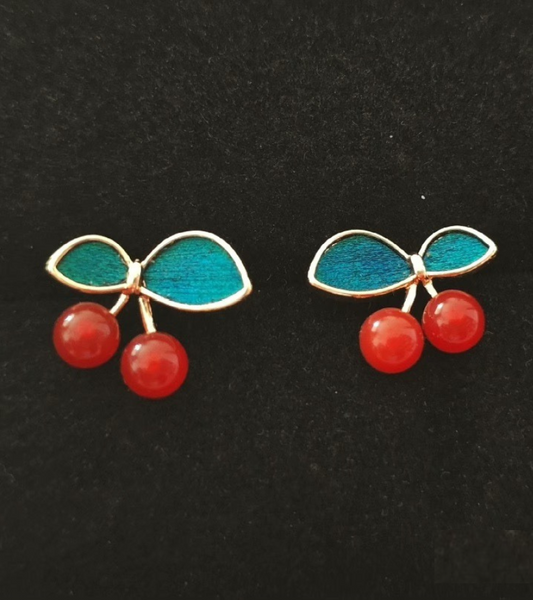 Lena Cherry Glow Feather Earrings – Handcrafted by Cici Dream - Red Agate and Peacock Feather